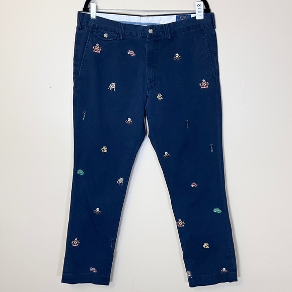 Polo Ralph Lauren Embroidered Allover Bulldog Skull Slim Chino Pants - Men's 36 - Picture 1 of 12